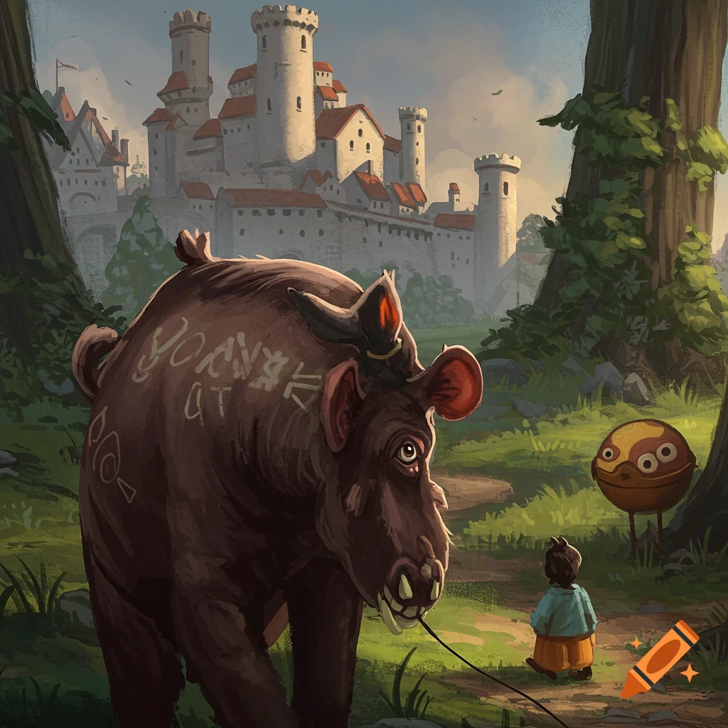 A child leads a large, fantastical creature with tusks and glowing ears past a medieval castle in a vibrant, illustrated landscape.