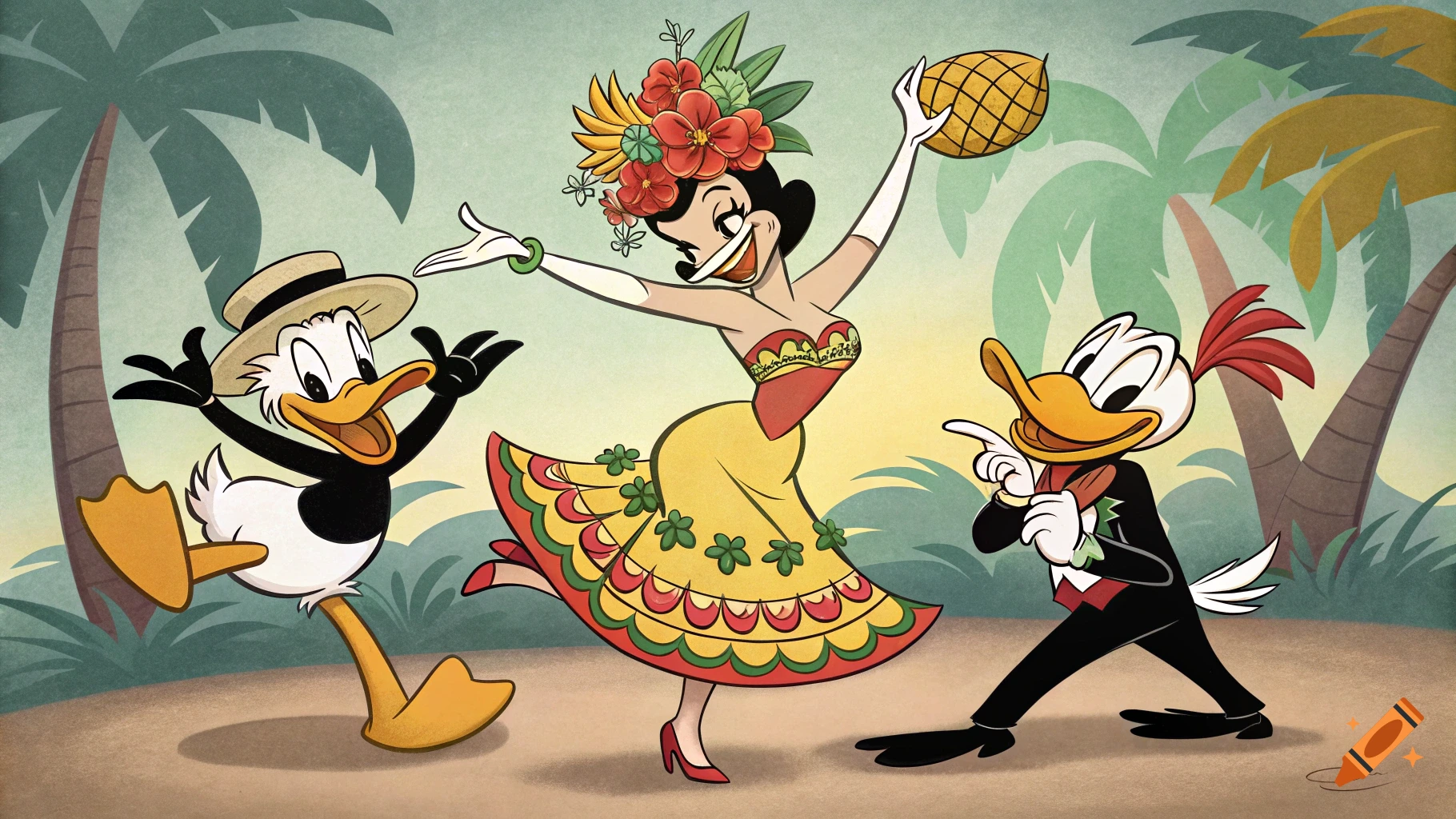 Vintage cartoon of Donald Duck, Daffy Duck, and Carmen Miranda dancing in a tropical setting.