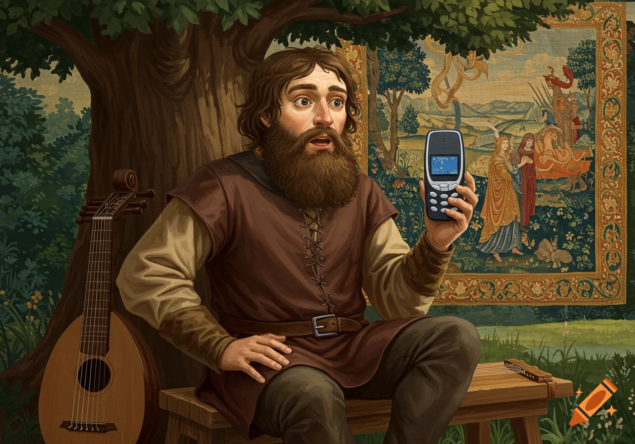 A medieval man with a beard and tunic looks surprised while holding up a classic Nokia phone, with a tapestry and a lute behind him.