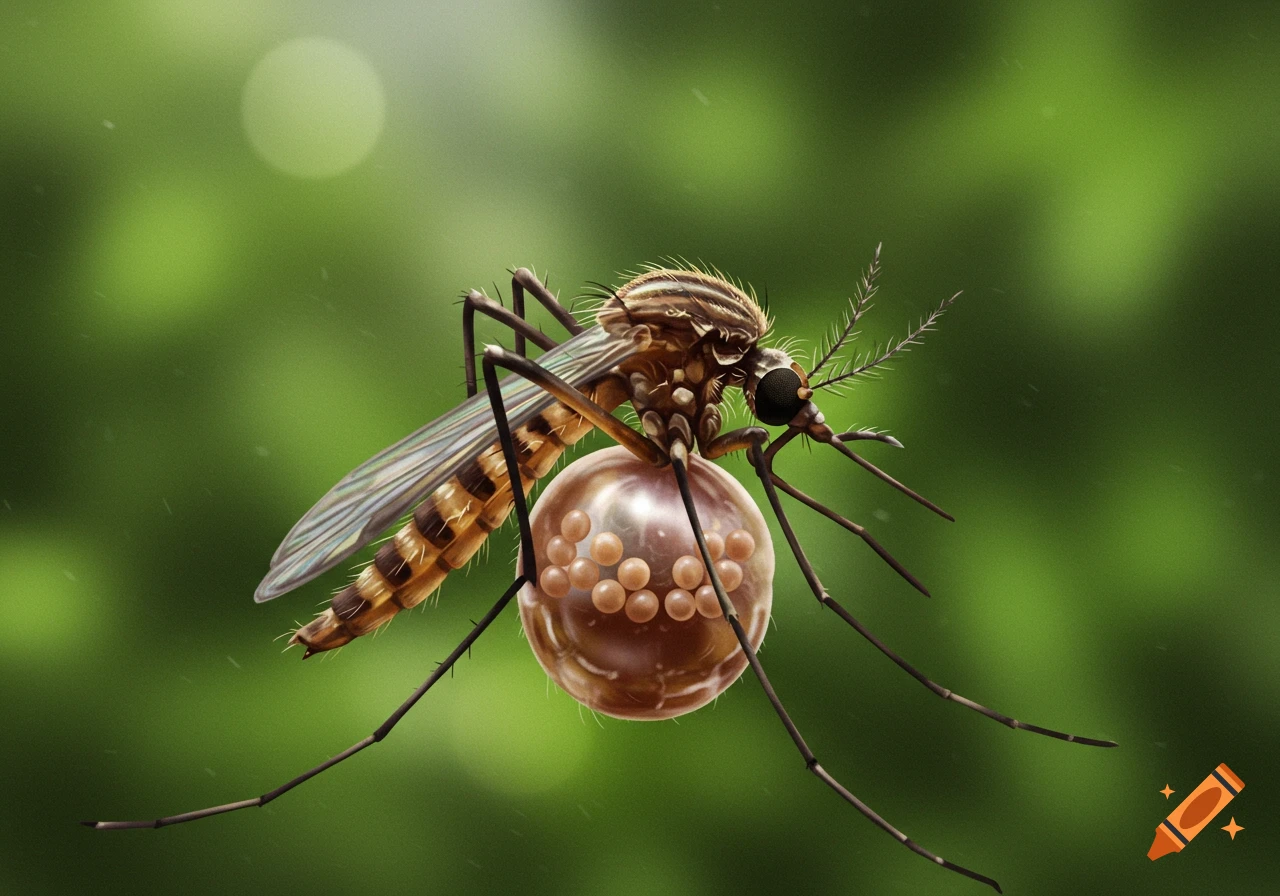 A detailed illustration of a mosquito with a large, translucent abdomen full of eggs against a blurred green background.