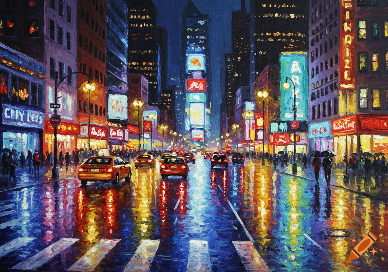 Vivid impressionistic painting of a wet New York City street at night, with yellow taxis, pedestrians, and reflections of neon signs on the pavement.