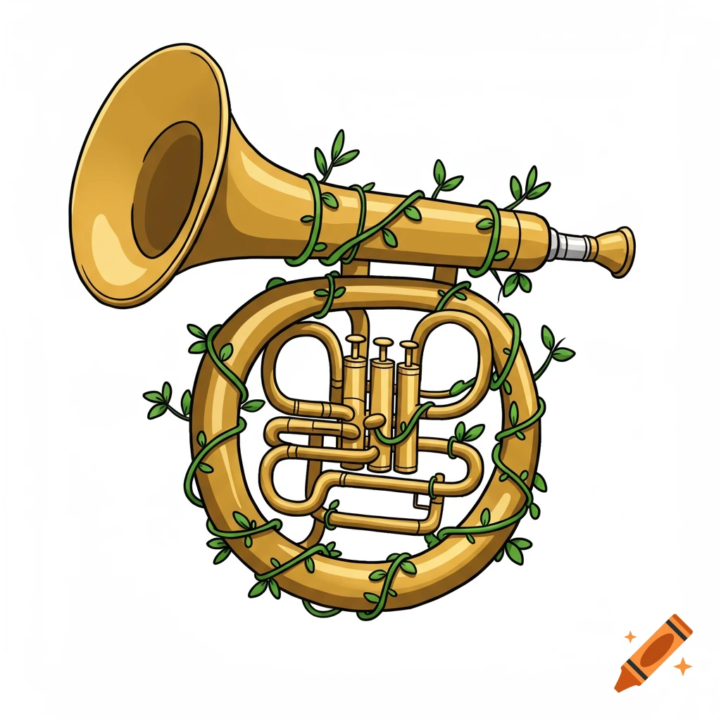 A golden cartoon French horn wrapped with green vines on a white background.