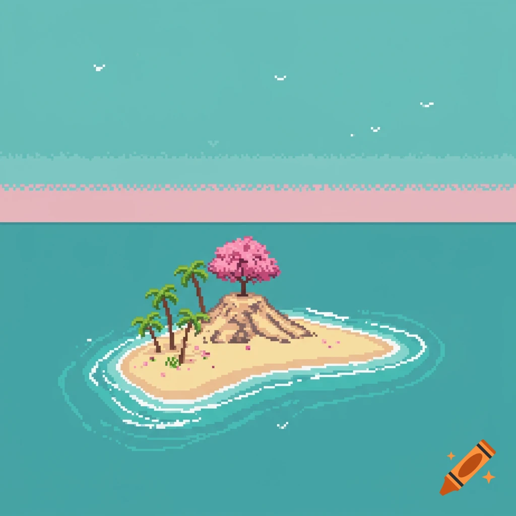A pixel art depiction of a small island with palm trees, a pink cherry blossom tree, and a sandy beach in a teal ocean under a pink and teal sky.