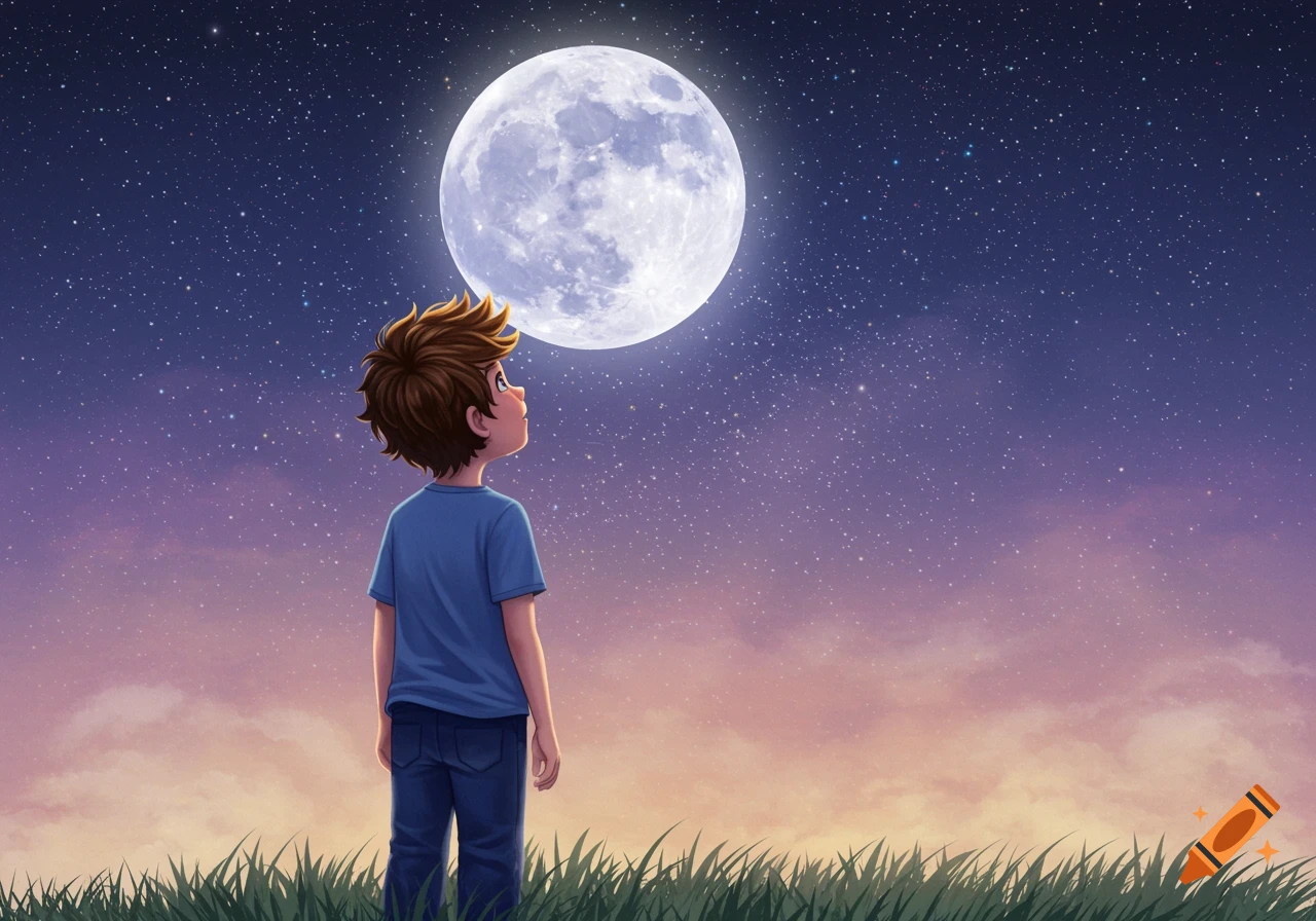 An illustration of a young boy standing in grass, looking up at a bright full moon and starry night sky.
