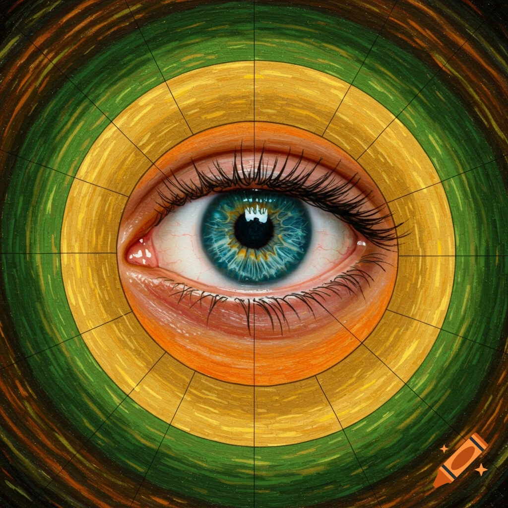 A close-up of a human eye with a blue iris surrounded by concentric circles in green, yellow, and orange.