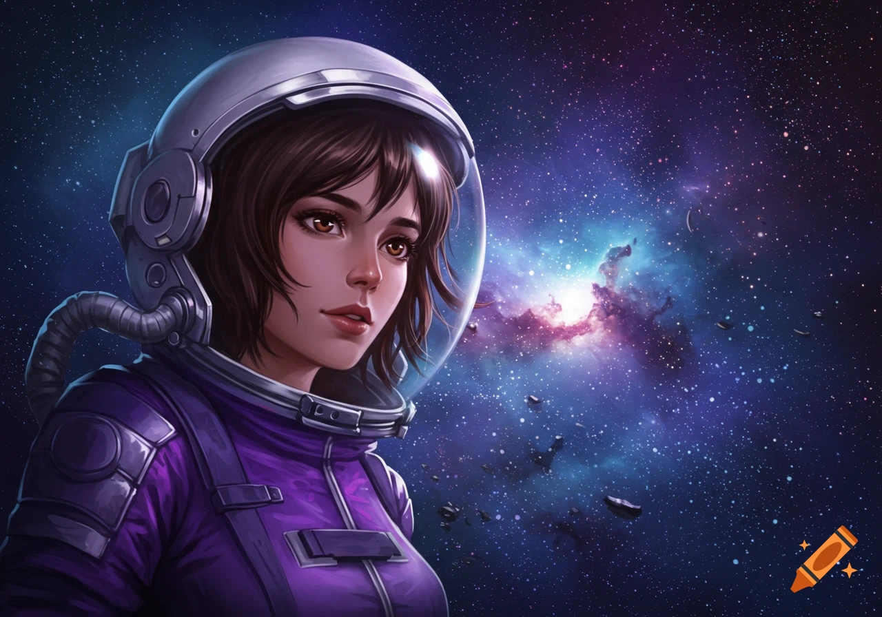 Digital illustration of a female astronaut with brown hair and eyes in a purple suit and white helmet against a starry space and nebula background.