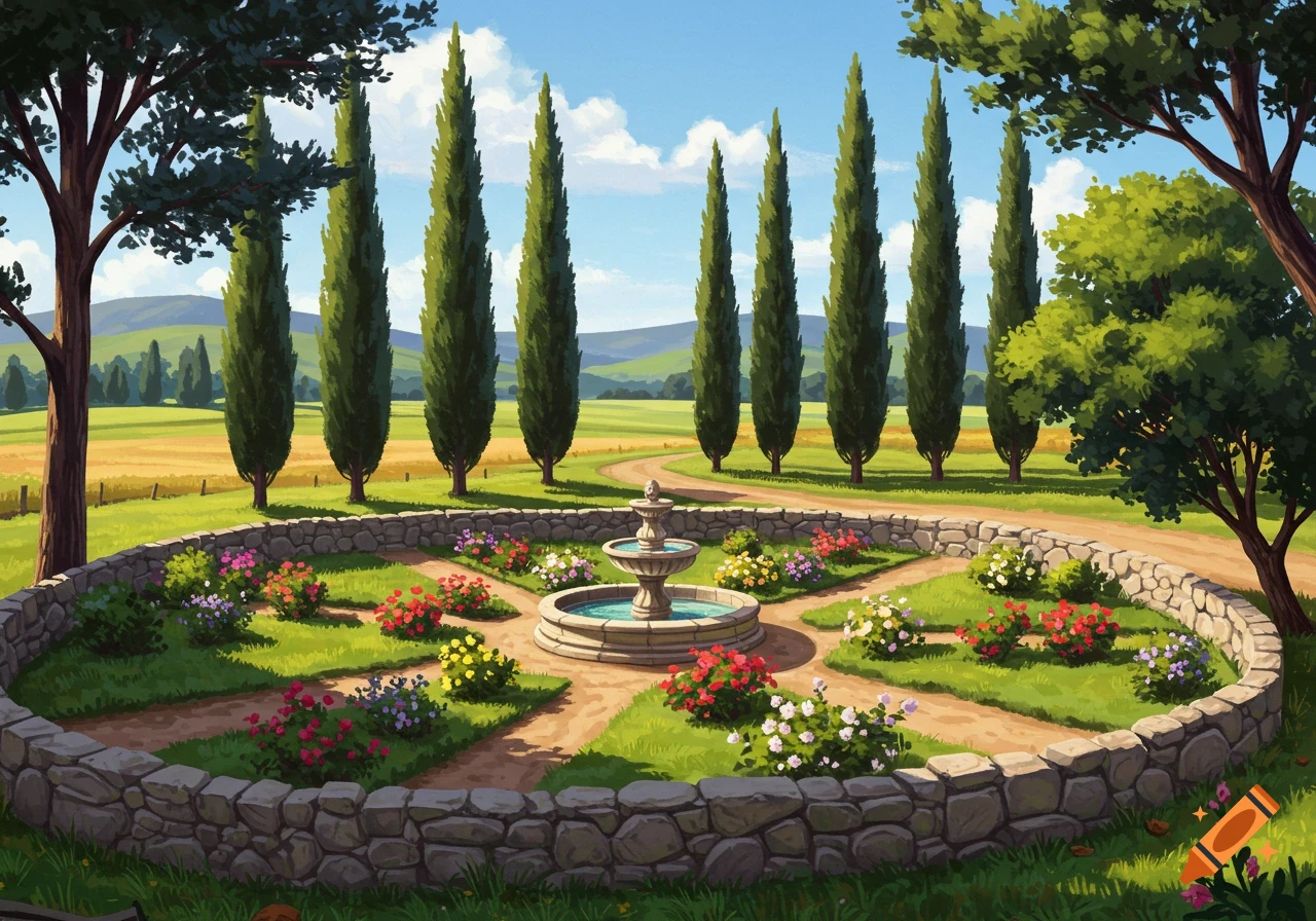 A sunny garden with a stone fountain, colorful flower beds, and a low rock wall, bordered by tall cypress trees and fields.