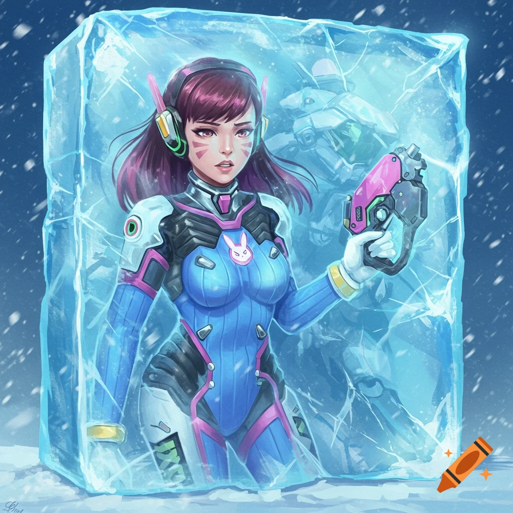 Digital art of D.Va from Overwatch, frozen in a block of ice in a snowy landscape, holding her pink gun with her mech behind her.