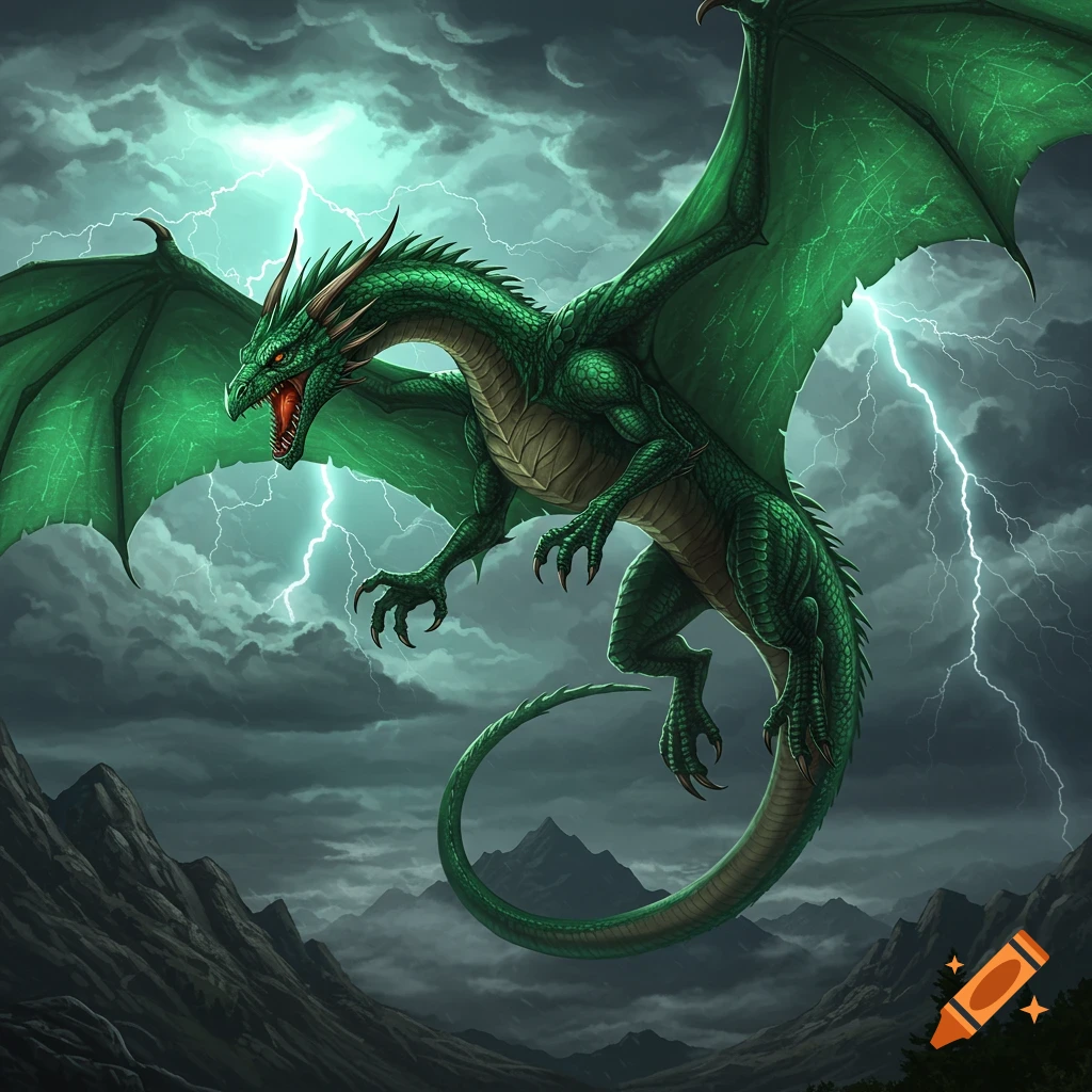 A majestic green dragon with large wings flies through a dark, stormy sky illuminated by lightning bolts over jagged mountains.