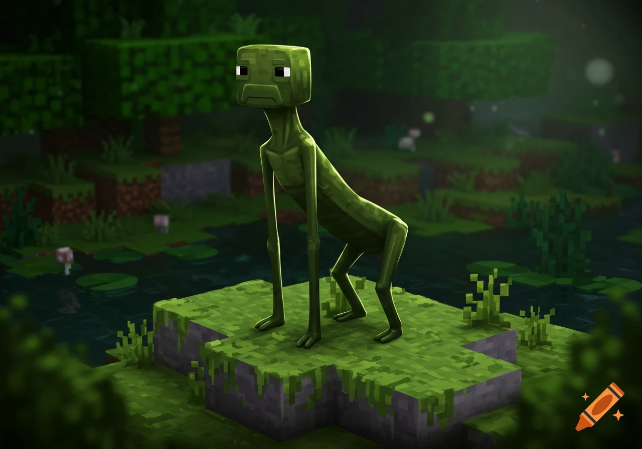 A tall, slender, green Minecraft bogged creature with a blocky head stands on a mossy stone block in a swampy forest.