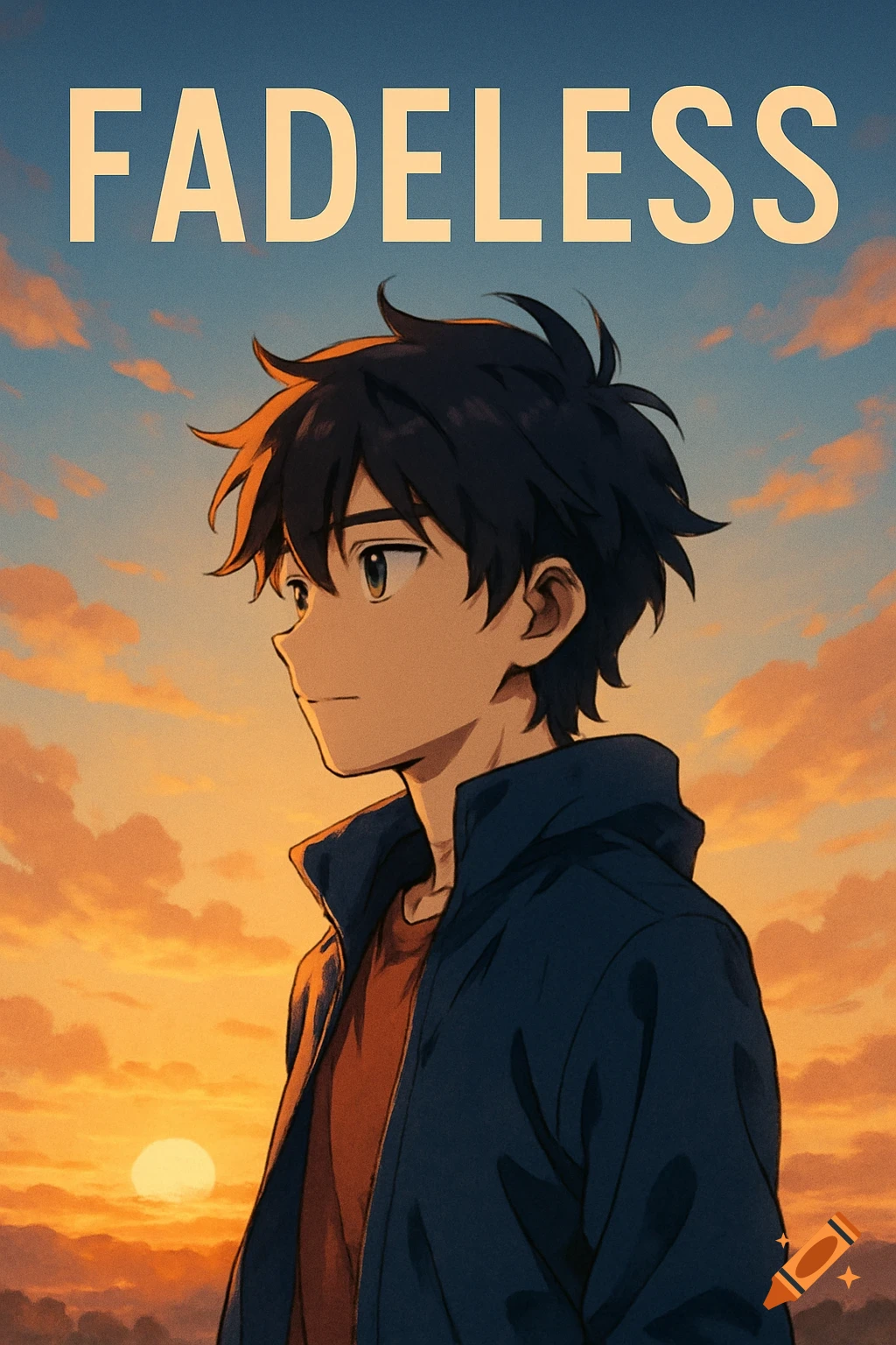 Anime illustration of a boy with dark hair looking left at a vibrant orange and yellow sunset, with the word 'FADELESS' above.