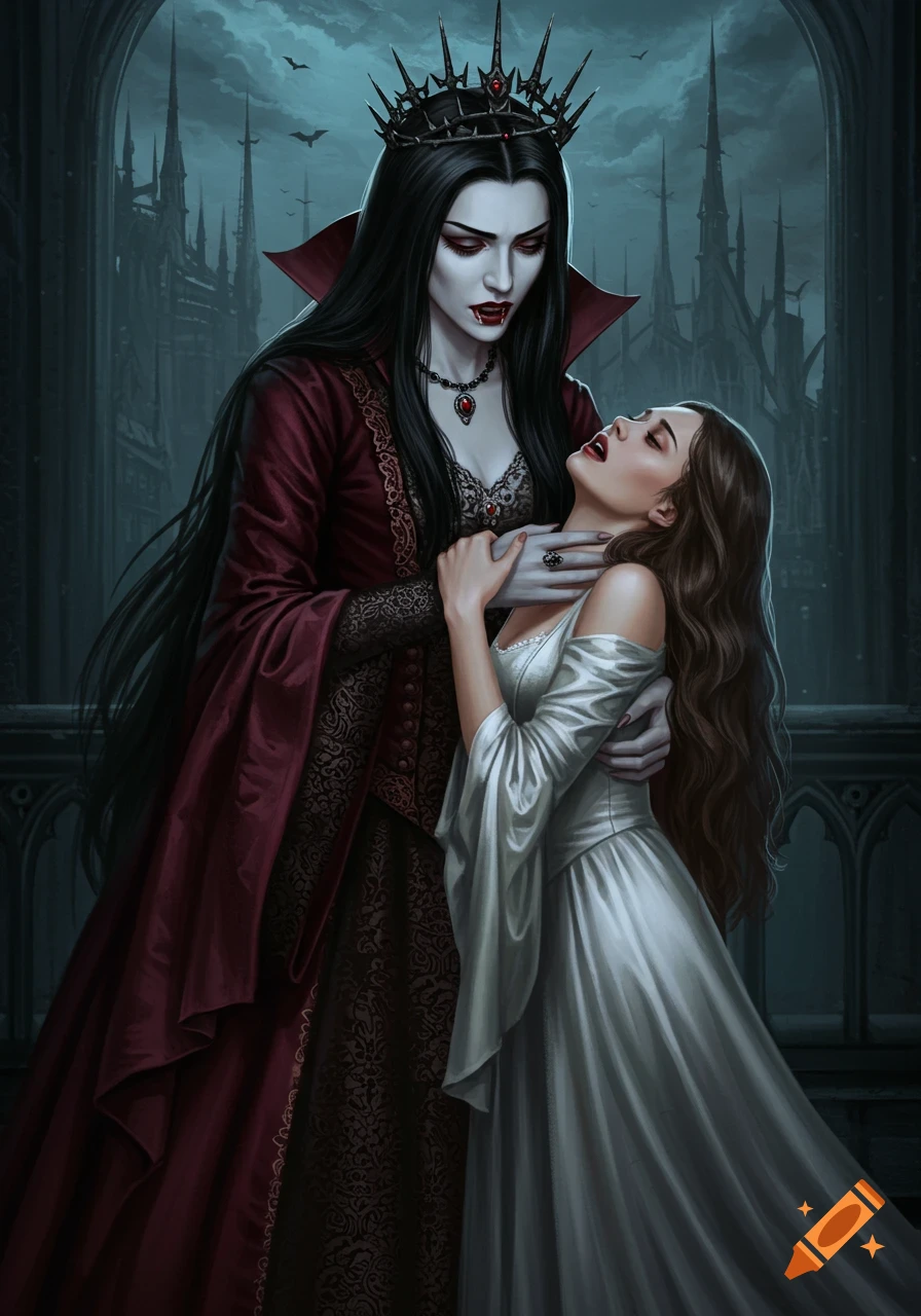 Gothic art of a vampire queen in a red gown holding a woman in white, fangs exposed in a bite in a dark castle.