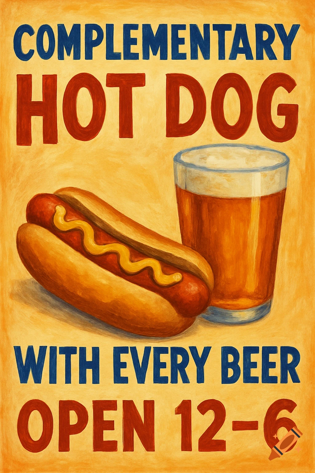A vintage-style poster advertising a complimentary hot dog with every beer, showing a hot dog and a glass of beer.