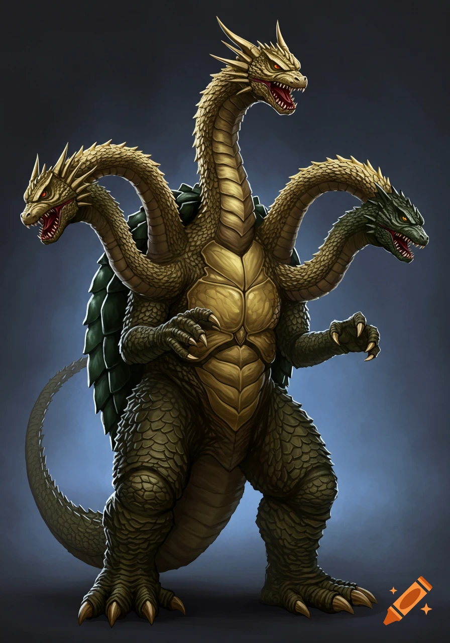 A massive three-headed monster, a hybrid of a turtle and dragon, with two golden heads and one green head, standing on a dark background.