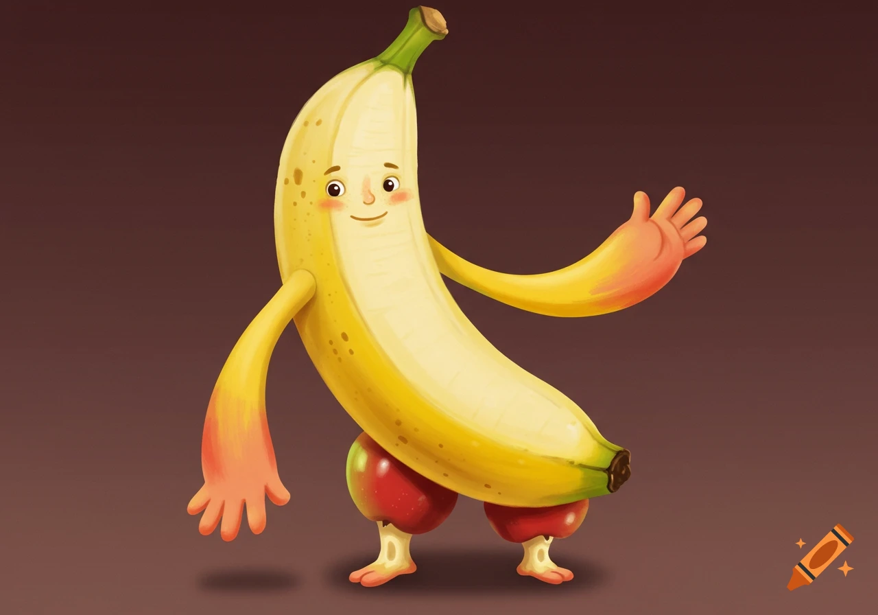 A smiling, cartoonish yellow banana character stands upright, with reddish-orange mango-like arms and hands, and short red apple-like legs with small feet, on a brown background.
