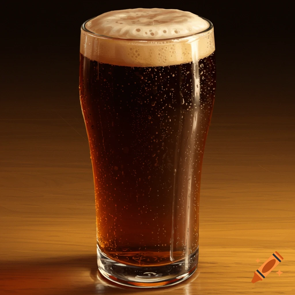 A photorealistic image of a tall glass of dark amber beer with a frothy head and condensation, sitting on a wooden surface.