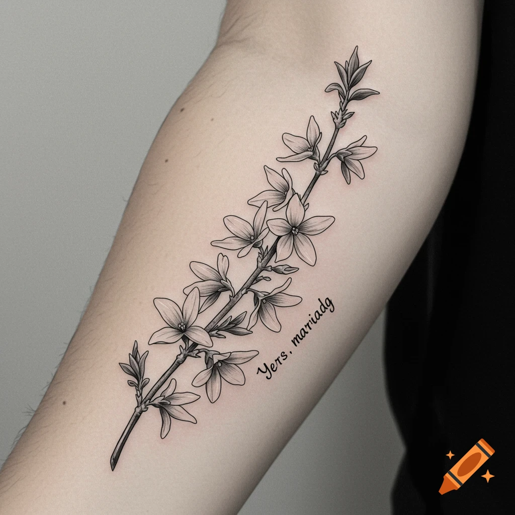 A black and white line art tattoo of a forsythia branch with flowers on a person's forearm.