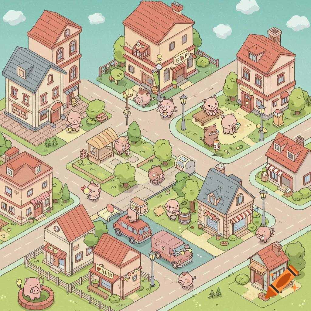 An isometric view of a cute, colorful city map with various buildings, roads, trees, and small, pig-like characters in a charming, game-like art style.