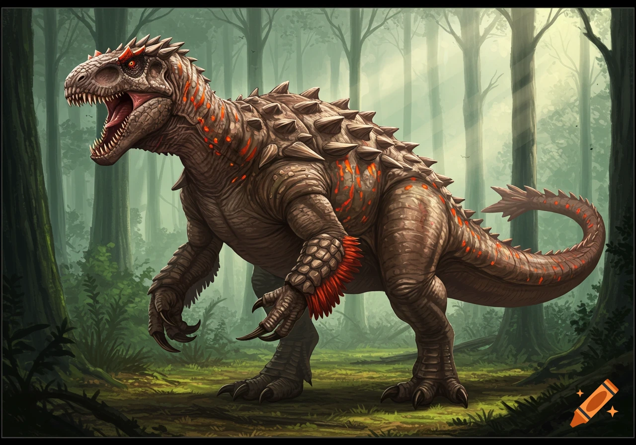 A fierce, armored dinosaur with red and orange highlights, sharp teeth, and claws stands in a lush, sun-dappled prehistoric forest.