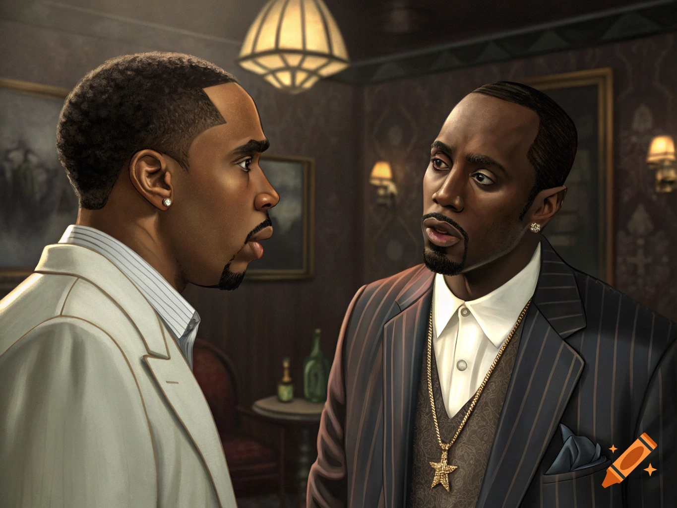 Two well-dressed Black men in a detailed, dimly lit room, one looking away while the other looks at him, in a realistic illustrative style.