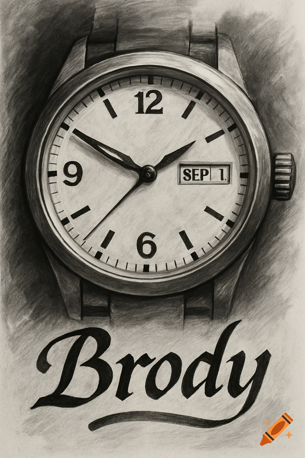 A black and white pencil sketch of a watch face displaying 'SEP 1' and the name 'Brody' in calligraphy below.