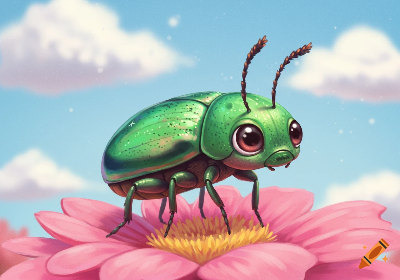 A cute, stylized green beetle with large eyes stands on a vibrant pink flower under a blue sky with clouds.