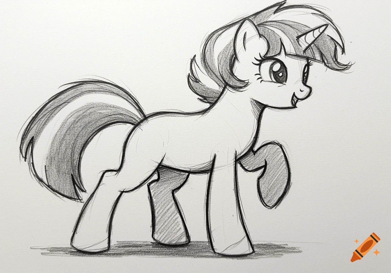 A black and white pencil sketch of a cheerful My Little Pony style unicorn standing with one hoof raised.