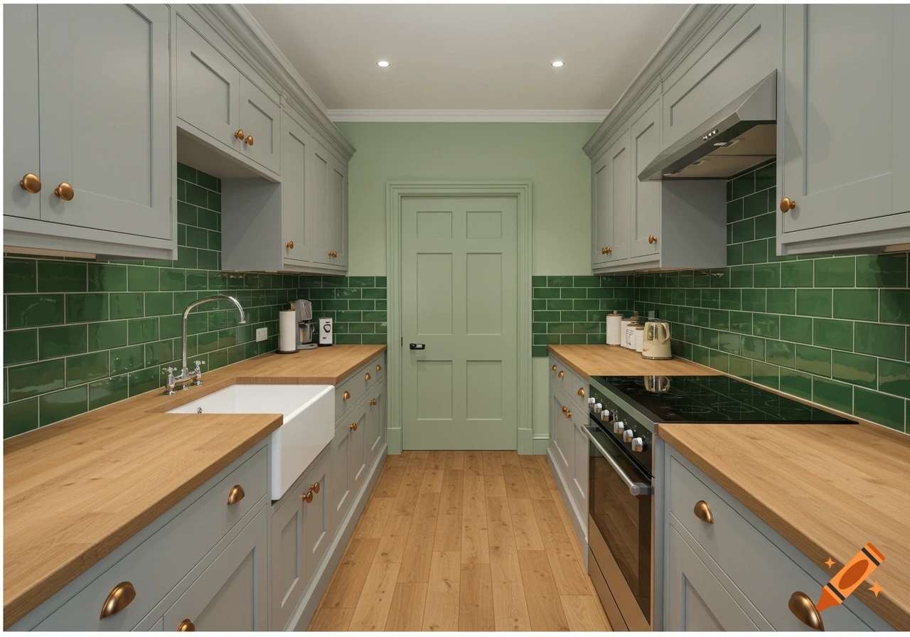 A galley kitchen features light grey cabinets, wooden countertops and flooring, and a vibrant green subway tile backsplash. A white farmhouse sink is visible on the left, and a black induction stove with an oven and range hood is on the right.