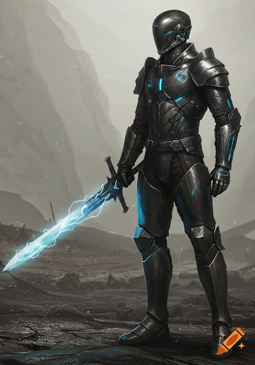 A futuristic knight in dark armor with glowing blue accents stands in a desolate landscape, holding a bright blue energy sword. Digital art.