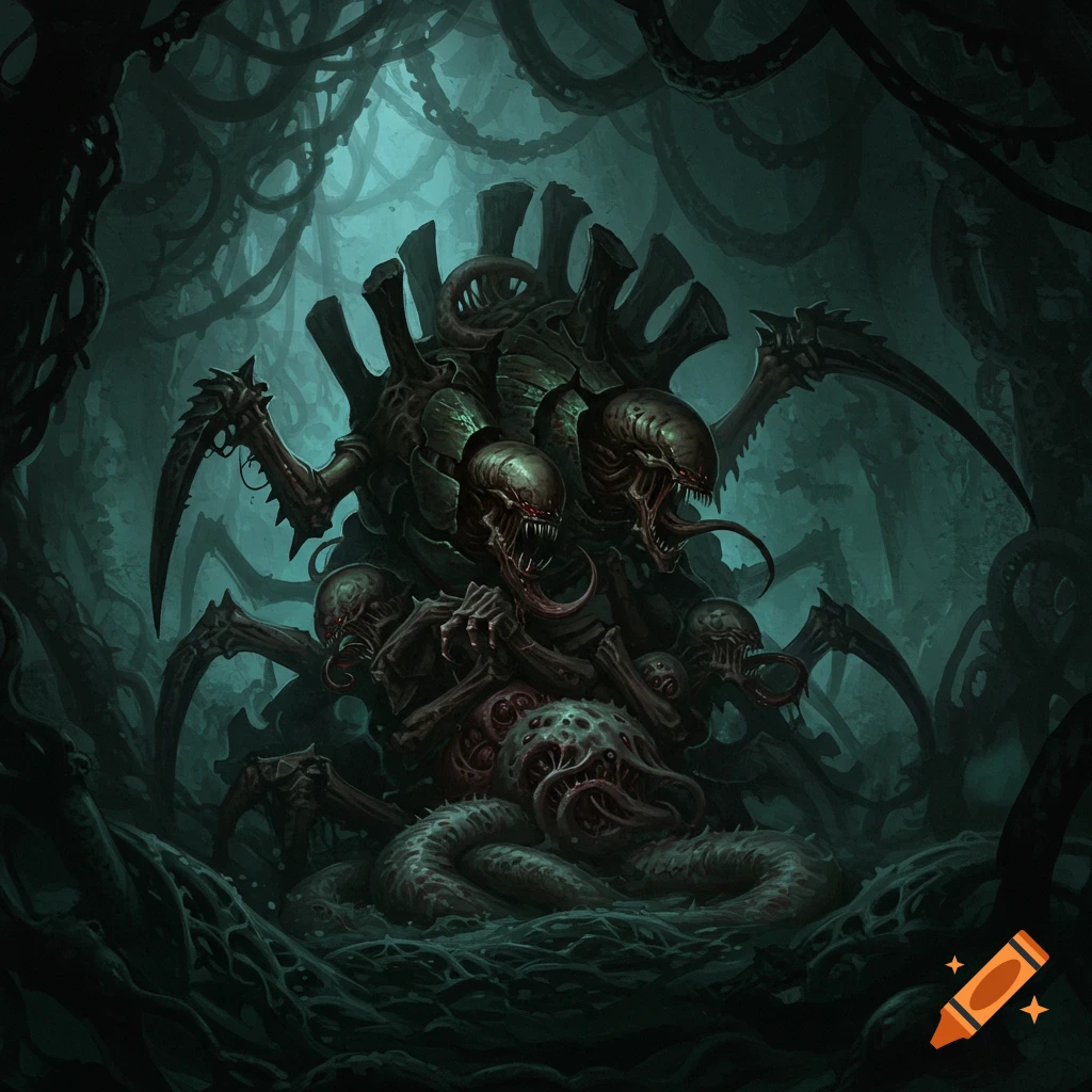 A group of dark, monstrous alien creatures with fangs, multiple limbs, and red eyes in a gloomy, organic cave.