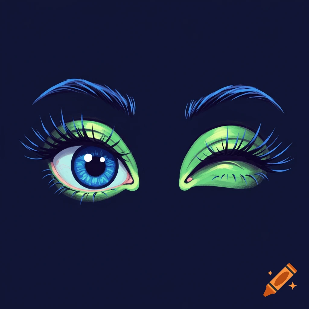 A stylized illustration showing a vibrant blue eye open next to another eye winking shut, both with green eyeshadow and blue lashes.