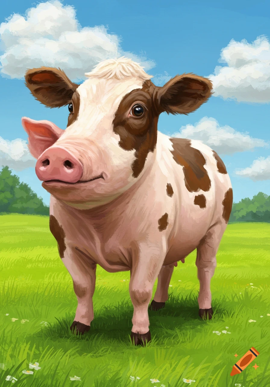 A cartoonish cow-pig hybrid with a pink snout and brown and white patches stands in a grassy field under a blue sky.