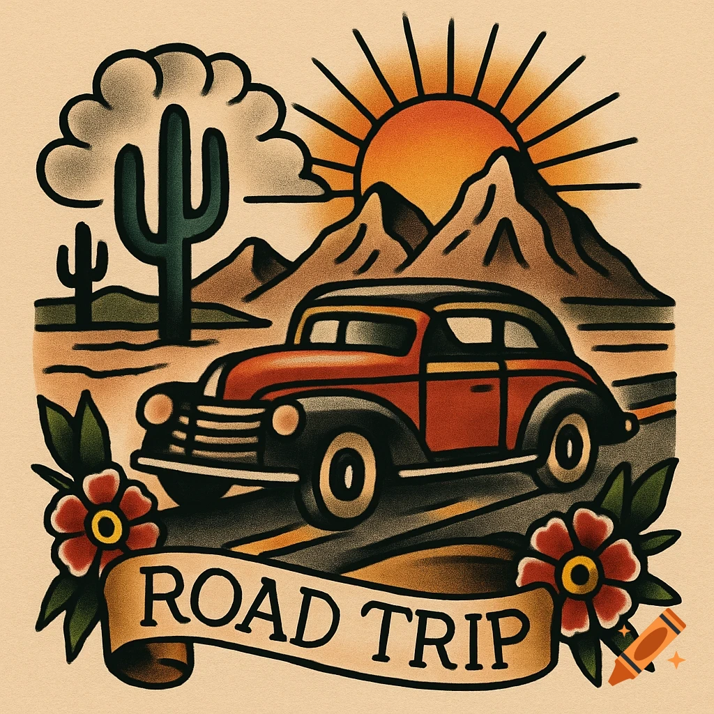 American traditional tattoo art of a vintage car on a desert road with mountains, cacti, and a sunset, with a 'ROAD TRIP' banner.