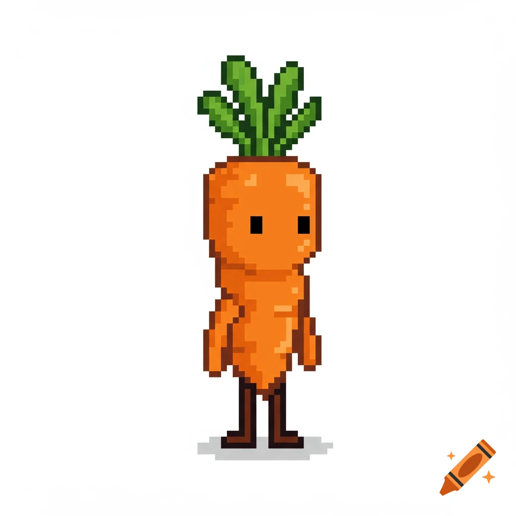 Pixel art of an anthropomorphic carrot character with a simple design, standing on a white background.