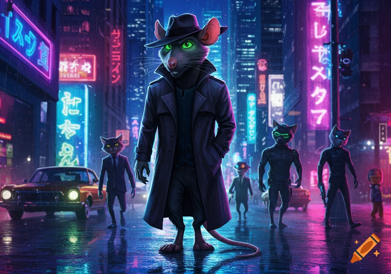 A trench coat-wearing rat stands on a wet street in a neon-lit cyberpunk city at night, with cat-like figures and cars.