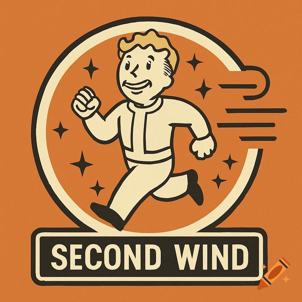 Retro style illustration of Fallout's Vault Boy running with speed lines and stars inside a circle, above the words 'SECOND WIND'.