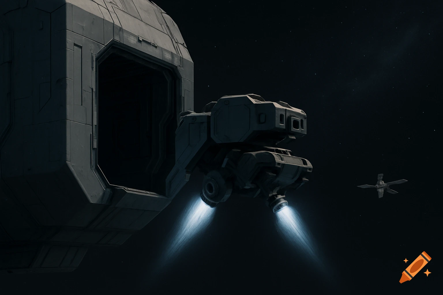 A robotic micro-servicer emerges from a large spaceship bay, its propulsion system firing as it prepares to travel through space.