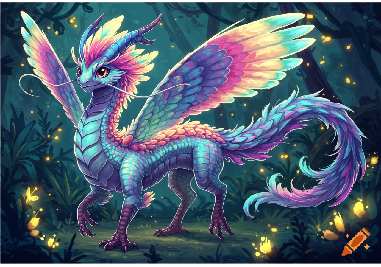 A vibrant, iridescent dragon with large feathered wings stands in a lush, glowing forest.