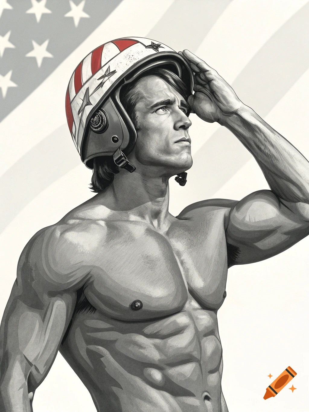 A strong, shirtless man in a pilot's helmet salutes against a monochromatic American flag background.