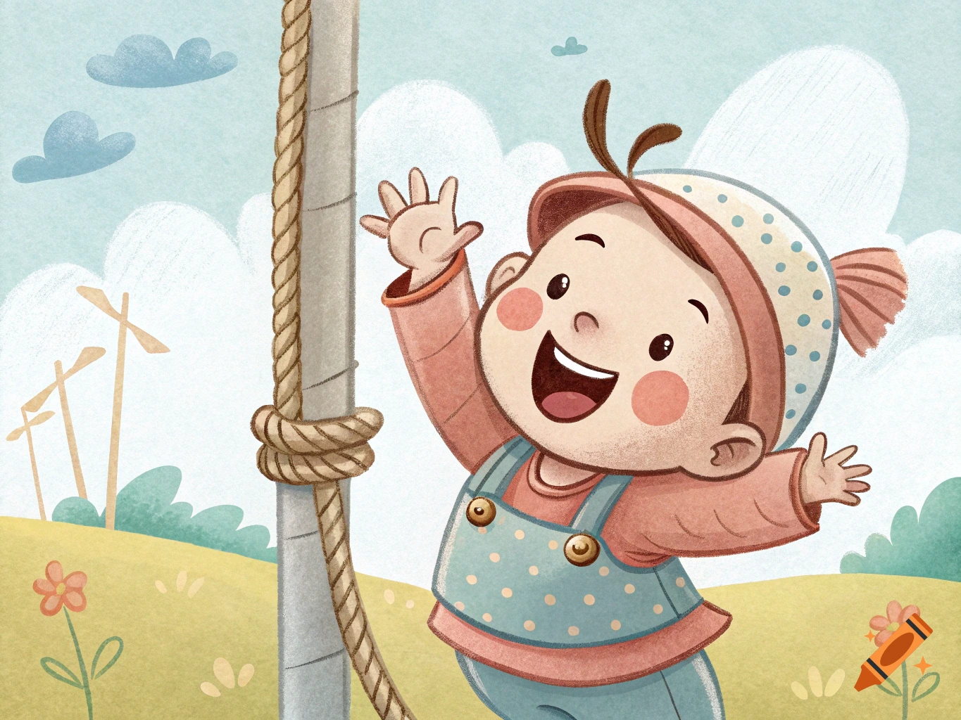 Happy cartoon baby in overalls and a hat, waving while holding onto a pole with rope outdoors.