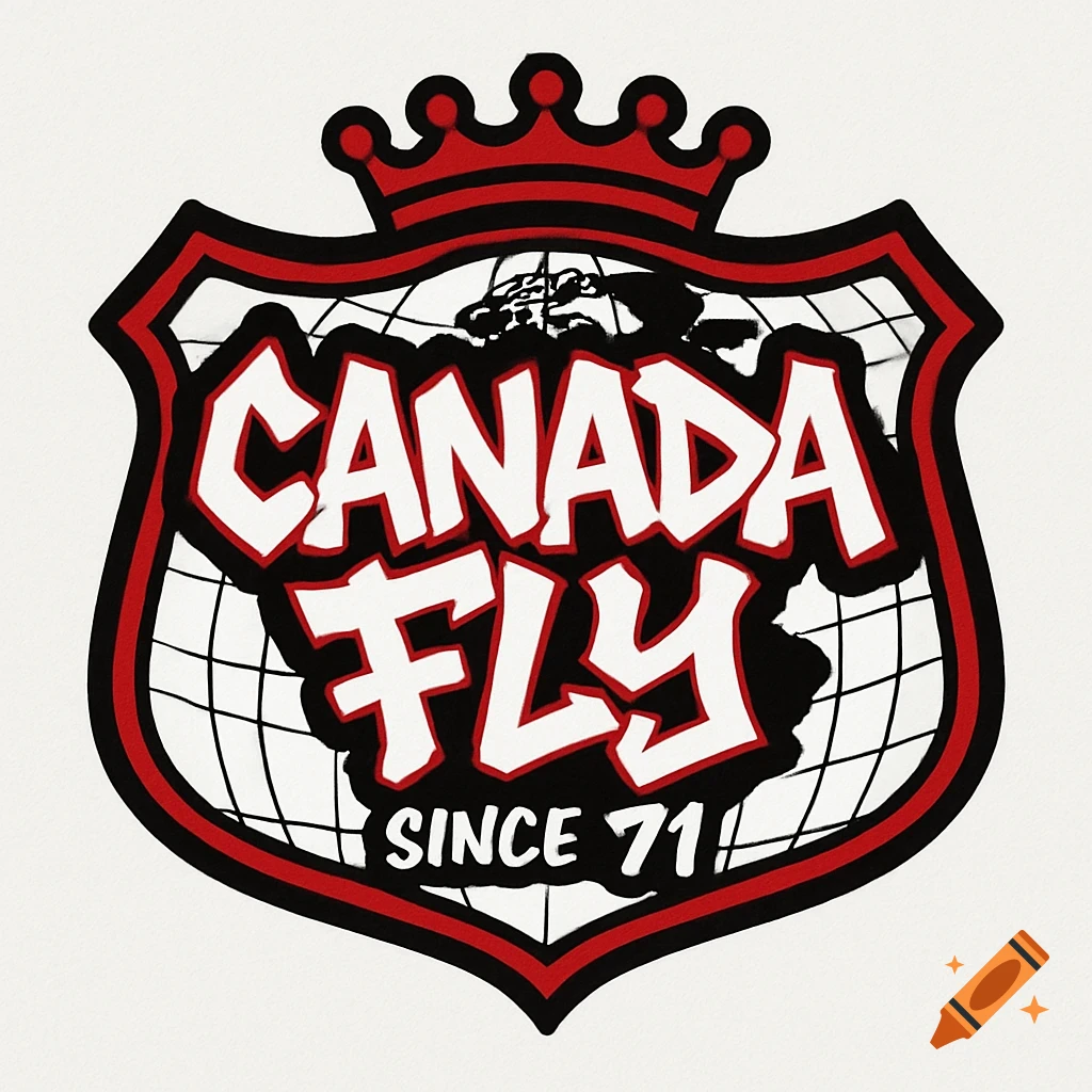 A red, black, and white shield logo with a crown and world map grid, featuring 'CANADA FLY' and 'SINCE 71' in a graffiti font.