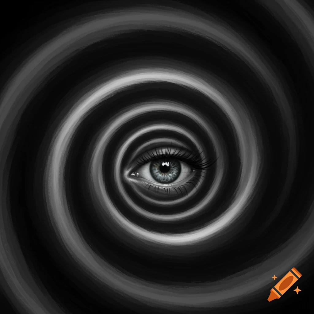 A realistic eye with long lashes is centered in a black and white hypnotic spiral.