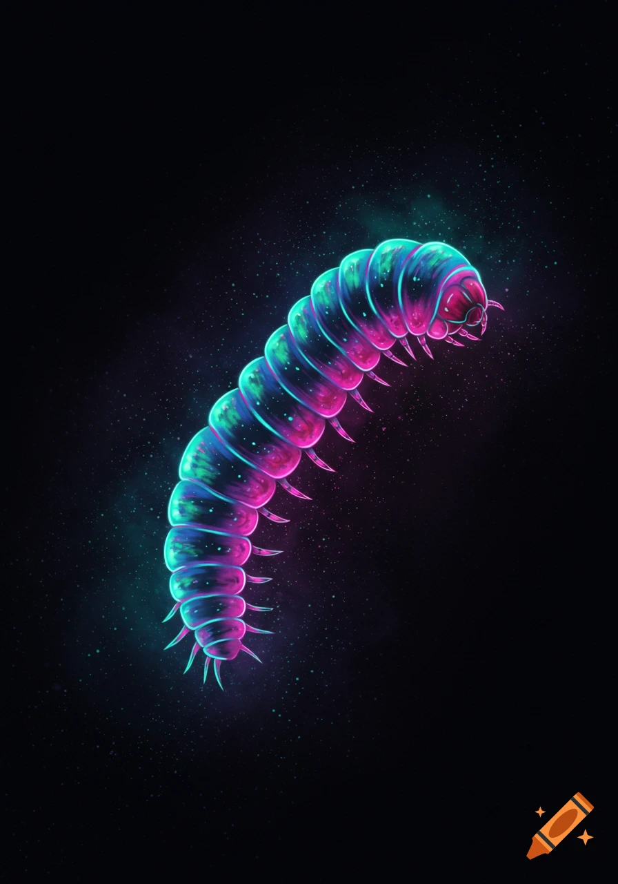 A vibrant, neon-glowing caterpillar-like creature with blue, pink, and purple segments floats against a dark, starry background.
