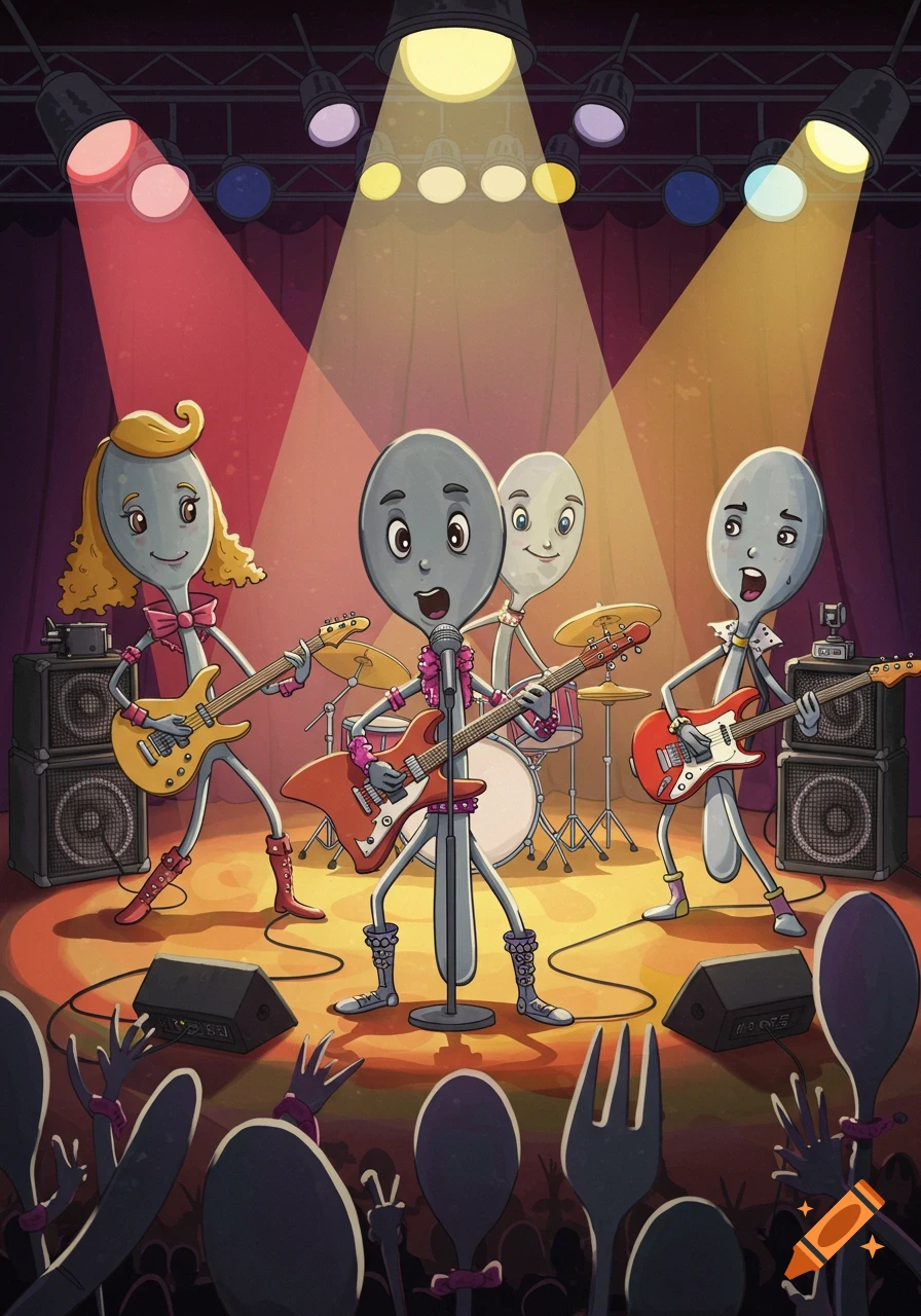 A cartoon band of anthropomorphic spoons performs on stage with guitars and drums under colorful spotlights.