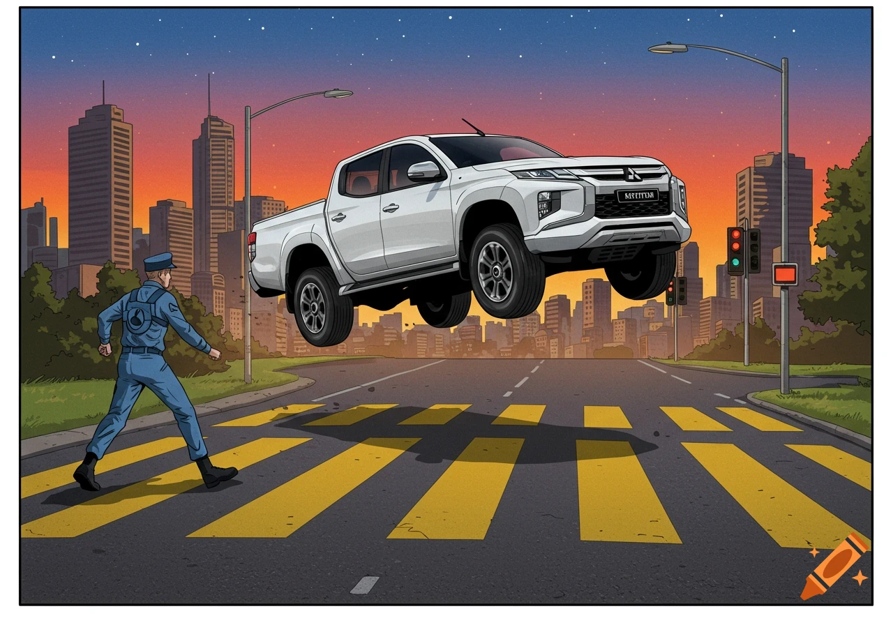 A white Mitsubishi Triton pickup truck flies over a pedestrian crossing in a city, narrowly missing a police officer, in a cartoon style.