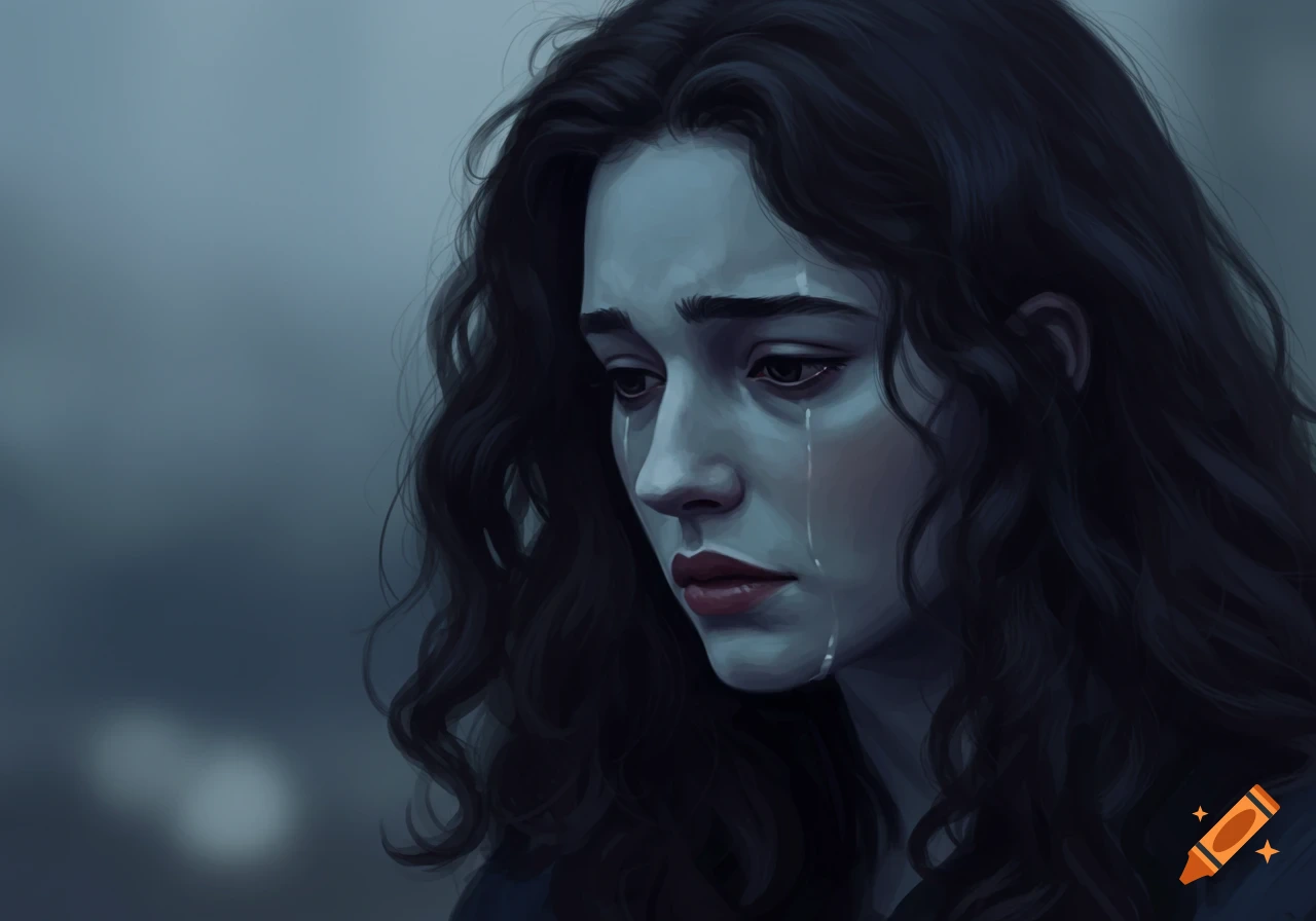 Close-up artistic portrait of a dark-haired woman looking down with tears streaming down her face, conveying sadness.