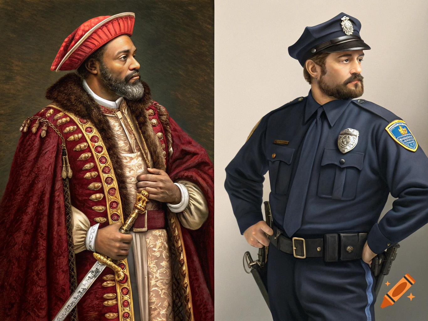 A diptych showing two portraits: on the left, a man in historical Renaissance costume holding a sword; on the right, a man in a modern police uniform.