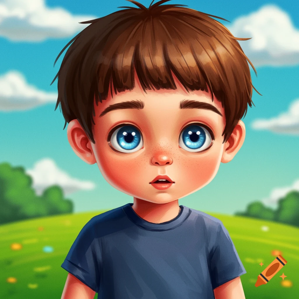 A cartoon boy with large blue eyes and brown hair, in a blue shirt, stands in a green field under a blue sky.