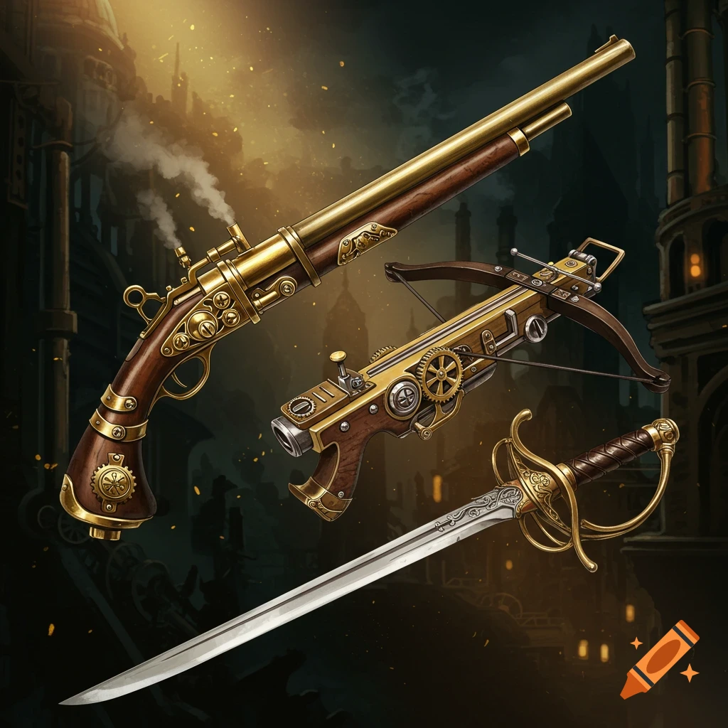 Detailed steampunk shotgun, crossbow, and sword with gears and brass accents against a dark city background.