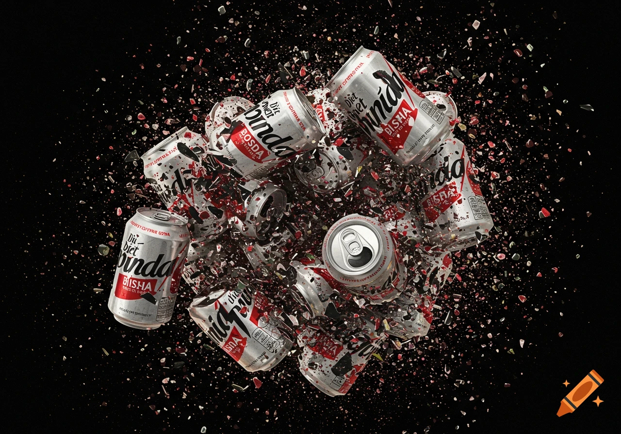 Silver and red diet soda cans exploding into many small, colorful pieces against a black background.
